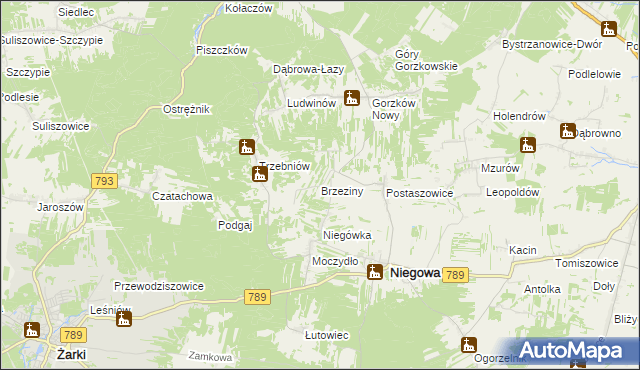 mapa Brzeziny gmina Niegowa, Brzeziny gmina Niegowa na mapie Targeo