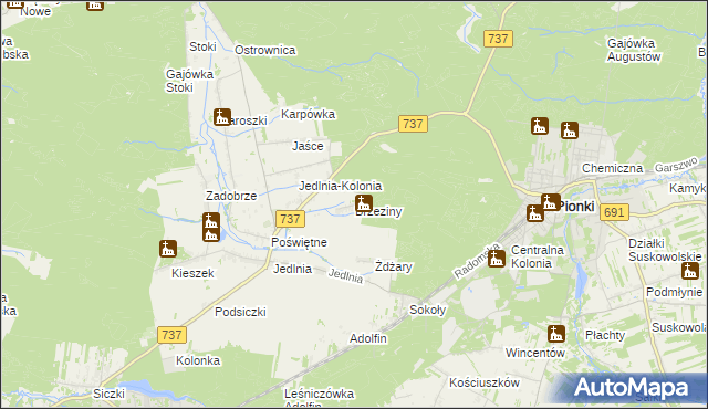 mapa Brzeziny gmina Pionki, Brzeziny gmina Pionki na mapie Targeo