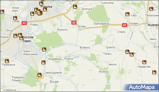 mapa Brzeziny gmina Praszka, Brzeziny gmina Praszka na mapie Targeo