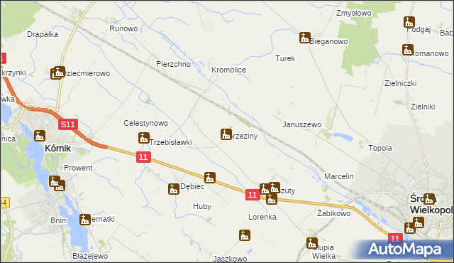 mapa Brzeziny gmina Środa Wielkopolska, Brzeziny gmina Środa Wielkopolska na mapie Targeo