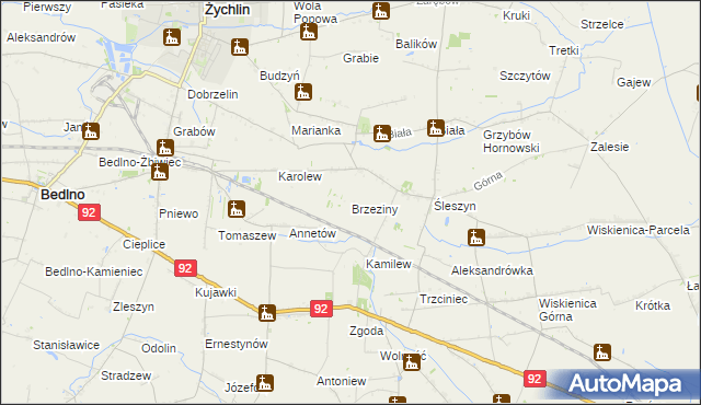 mapa Brzeziny gmina Żychlin, Brzeziny gmina Żychlin na mapie Targeo