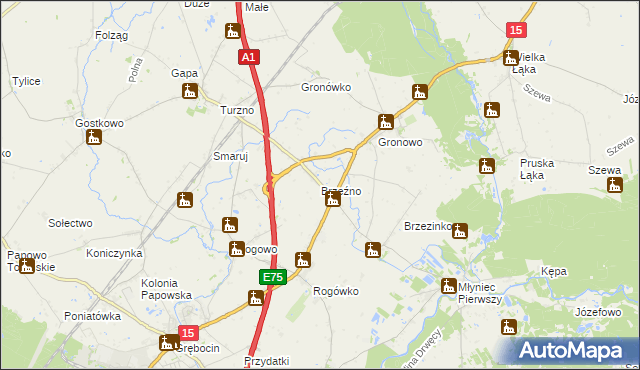 mapa Brzeźno gmina Lubicz, Brzeźno gmina Lubicz na mapie Targeo