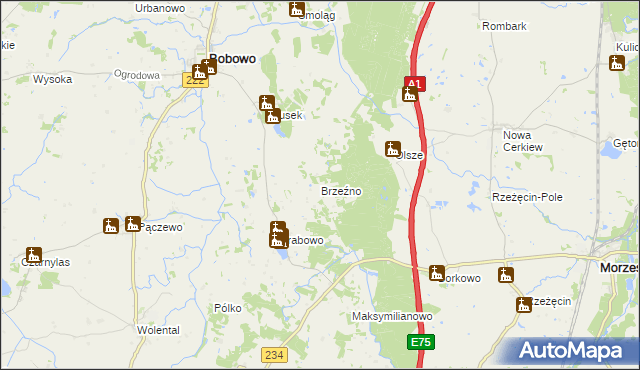 mapa Brzeźno gmina Morzeszczyn, Brzeźno gmina Morzeszczyn na mapie Targeo
