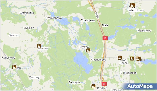 mapa Brzeźno gmina Szczecinek, Brzeźno gmina Szczecinek na mapie Targeo