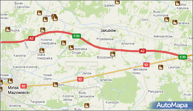 mapa Brzozówka gmina Jakubów, Brzozówka gmina Jakubów na mapie Targeo