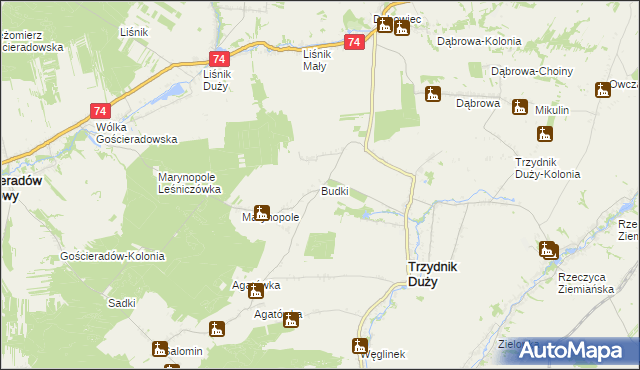 mapa Budki gmina Trzydnik Duży, Budki gmina Trzydnik Duży na mapie Targeo