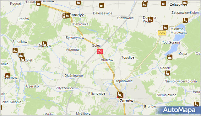 mapa Budków gmina Żarnów, Budków gmina Żarnów na mapie Targeo