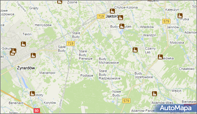 mapa Budy Michałowskie gmina Jaktorów, Budy Michałowskie gmina Jaktorów na mapie Targeo