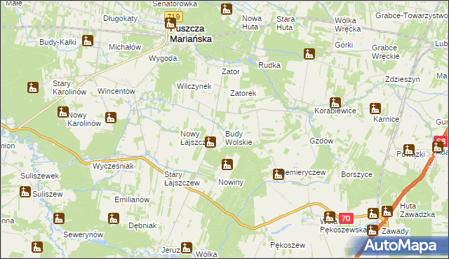 mapa Budy Wolskie gmina Puszcza Mariańska, Budy Wolskie gmina Puszcza Mariańska na mapie Targeo