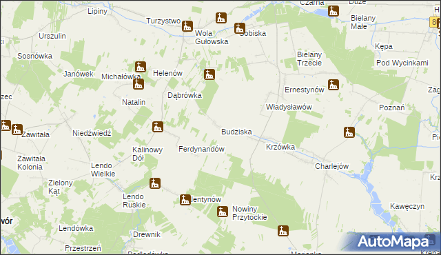 mapa Budziska gmina Adamów, Budziska gmina Adamów na mapie Targeo