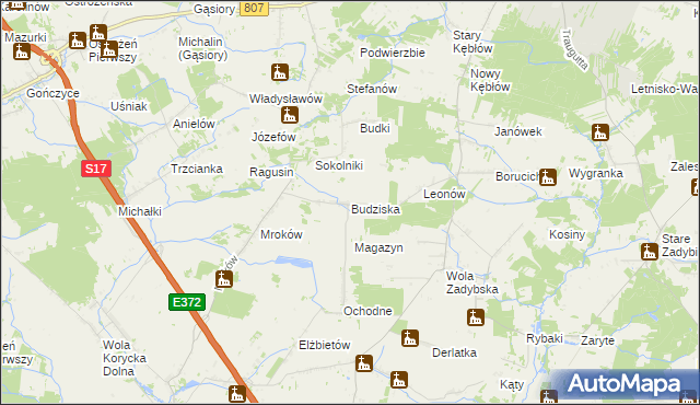 mapa Budziska gmina Trojanów, Budziska gmina Trojanów na mapie Targeo