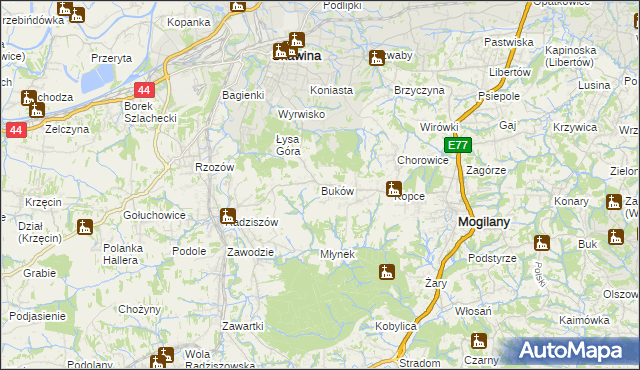 mapa Buków gmina Mogilany, Buków gmina Mogilany na mapie Targeo