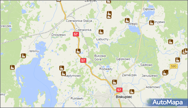 mapa Bukowa Góra gmina Biskupiec, Bukowa Góra gmina Biskupiec na mapie Targeo