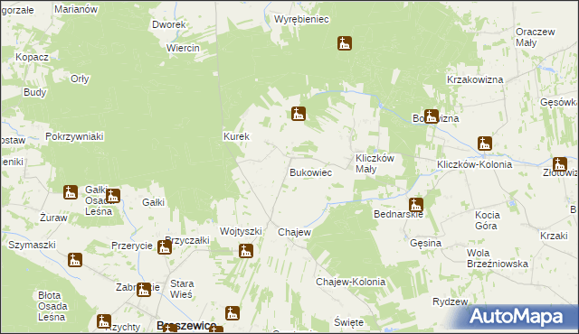 mapa Bukowiec gmina Brąszewice, Bukowiec gmina Brąszewice na mapie Targeo