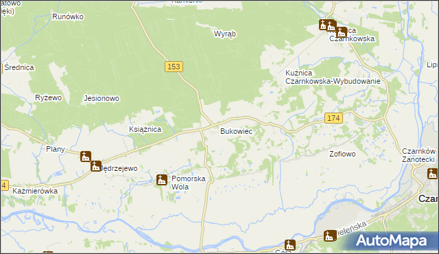 mapa Bukowiec gmina Czarnków, Bukowiec gmina Czarnków na mapie Targeo