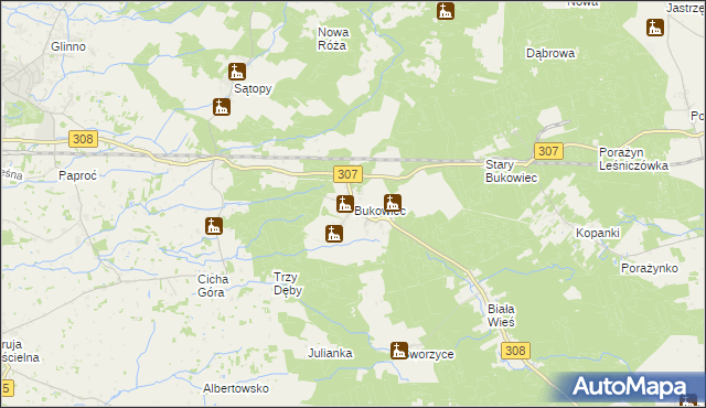mapa Bukowiec gmina Nowy Tomyśl, Bukowiec gmina Nowy Tomyśl na mapie Targeo