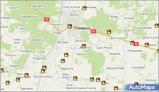 mapa Byczyna gmina Poddębice, Byczyna gmina Poddębice na mapie Targeo