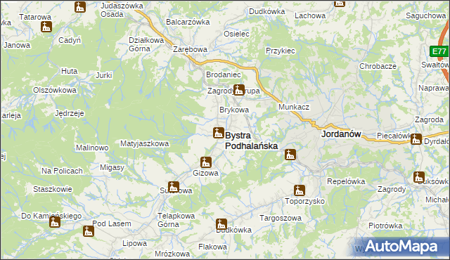 mapa Bystra Podhalańska, Bystra Podhalańska na mapie Targeo