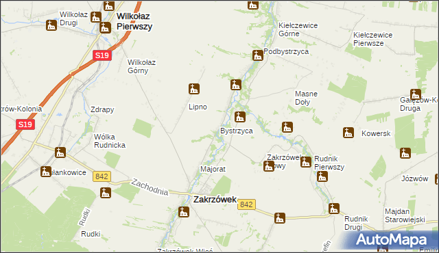 mapa Bystrzyca gmina Zakrzówek, Bystrzyca gmina Zakrzówek na mapie Targeo