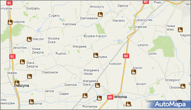 mapa Byszew gmina Kutno, Byszew gmina Kutno na mapie Targeo