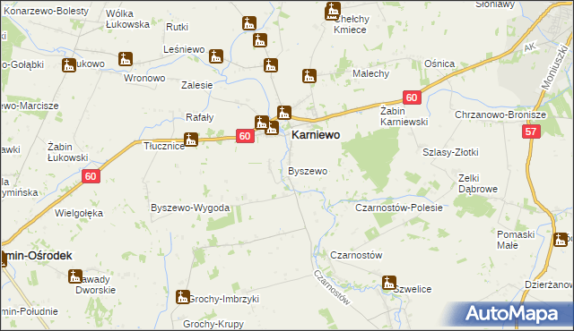 mapa Byszewo gmina Karniewo, Byszewo gmina Karniewo na mapie Targeo