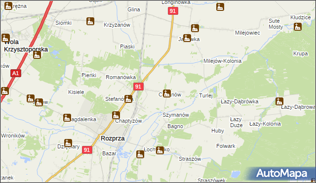 mapa Cekanów gmina Rozprza, Cekanów gmina Rozprza na mapie Targeo