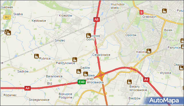 mapa Cesarzowice gmina Kąty Wrocławskie, Cesarzowice gmina Kąty Wrocławskie na mapie Targeo