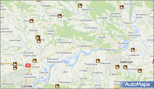 mapa Charzewice, Charzewice na mapie Targeo