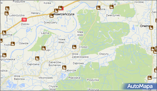 mapa Chobot gmina Niepołomice, Chobot gmina Niepołomice na mapie Targeo