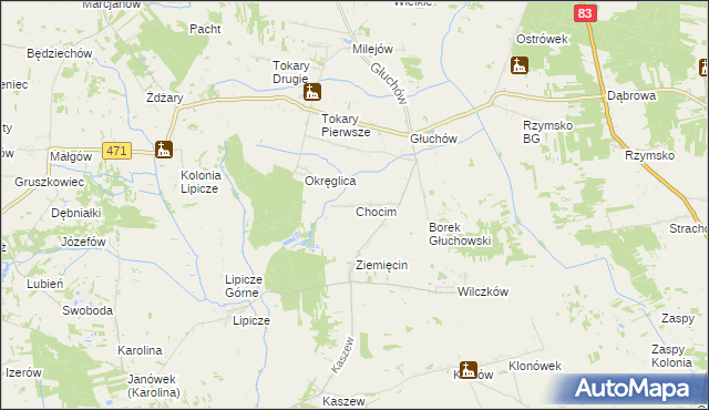 mapa Chocim gmina Kawęczyn, Chocim gmina Kawęczyn na mapie Targeo