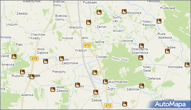 mapa Chodaki gmina Zadzim, Chodaki gmina Zadzim na mapie Targeo