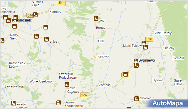 mapa Chojnowo gmina Sypniewo, Chojnowo gmina Sypniewo na mapie Targeo