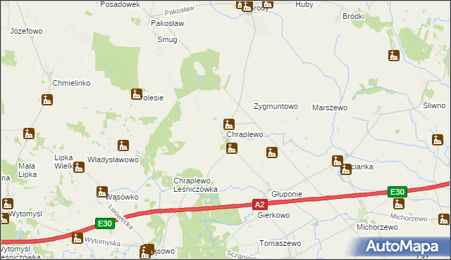 mapa Chraplewo gmina Kuślin, Chraplewo gmina Kuślin na mapie Targeo