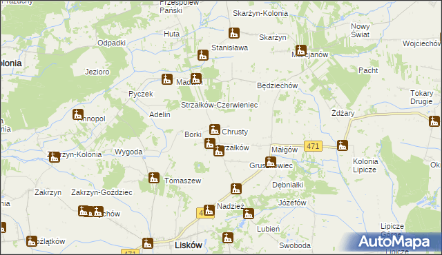 mapa Chrusty gmina Lisków, Chrusty gmina Lisków na mapie Targeo