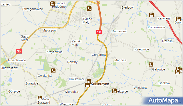 mapa Chrzanów gmina Kobierzyce, Chrzanów gmina Kobierzyce na mapie Targeo
