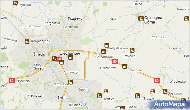 mapa Chrzanówek gmina Opinogóra Górna, Chrzanówek gmina Opinogóra Górna na mapie Targeo