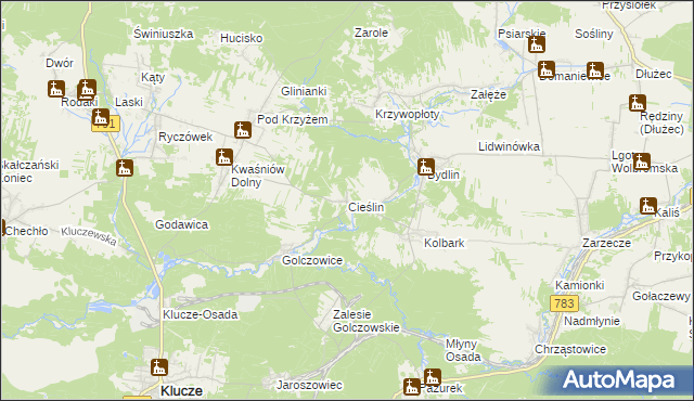 mapa Cieślin gmina Klucze, Cieślin gmina Klucze na mapie Targeo