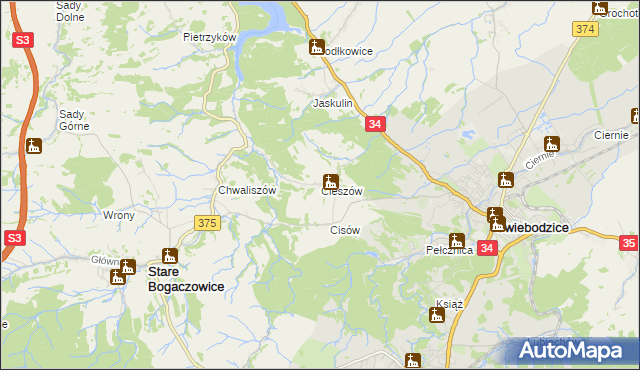 mapa Cieszów gmina Stare Bogaczowice, Cieszów gmina Stare Bogaczowice na mapie Targeo