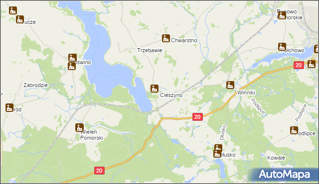 mapa Cieszyno gmina Węgorzyno, Cieszyno gmina Węgorzyno na mapie Targeo