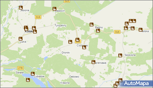 mapa Ciosaniec gmina Sława, Ciosaniec gmina Sława na mapie Targeo