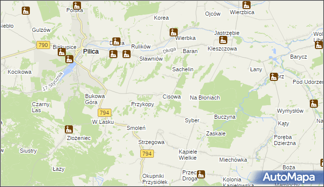 mapa Cisowa gmina Pilica, Cisowa gmina Pilica na mapie Targeo