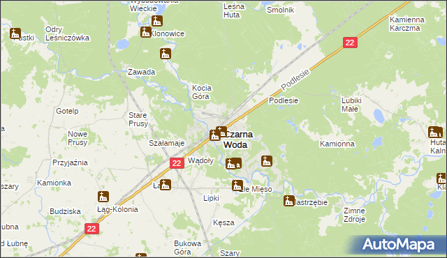 mapa Czarna Woda powiat starogardzki, Czarna Woda powiat starogardzki na mapie Targeo