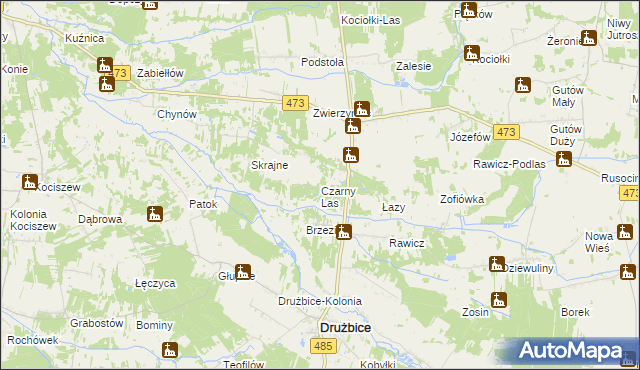 mapa Czarny Las gmina Drużbice, Czarny Las gmina Drużbice na mapie Targeo