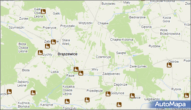 mapa Czartoryja gmina Brąszewice, Czartoryja gmina Brąszewice na mapie Targeo