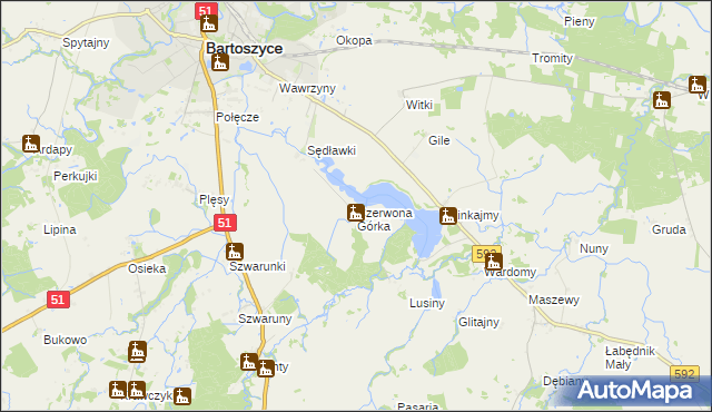 mapa Czerwona Górka gmina Bartoszyce, Czerwona Górka gmina Bartoszyce na mapie Targeo