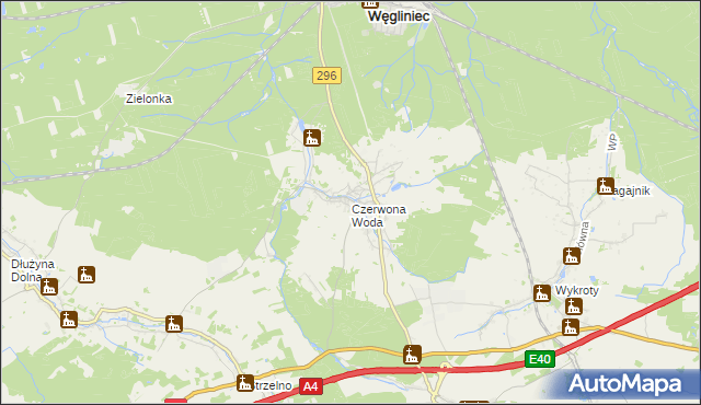 mapa Czerwona Woda gmina Węgliniec, Czerwona Woda gmina Węgliniec na mapie Targeo