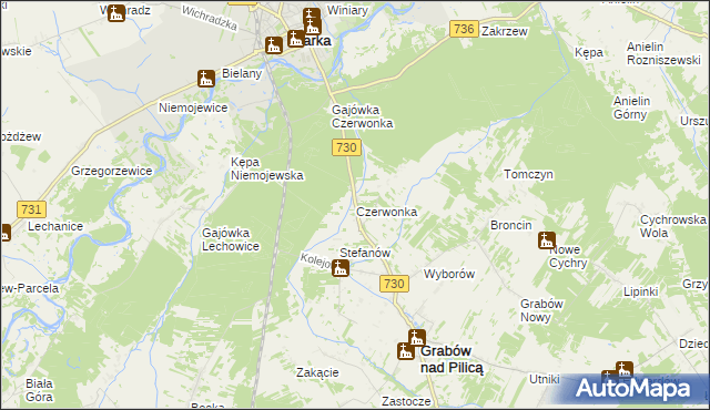 mapa Czerwonka gmina Grabów nad Pilicą, Czerwonka gmina Grabów nad Pilicą na mapie Targeo