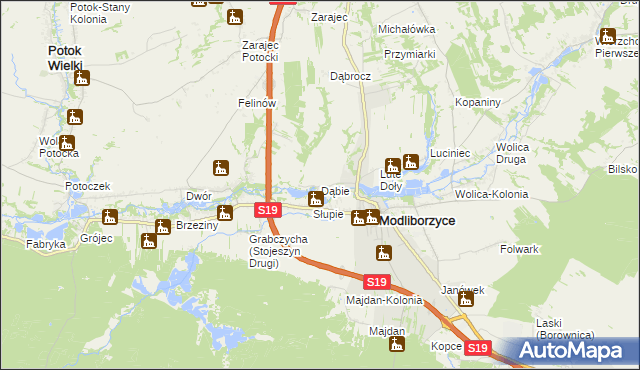 mapa Dąbie gmina Modliborzyce, Dąbie gmina Modliborzyce na mapie Targeo