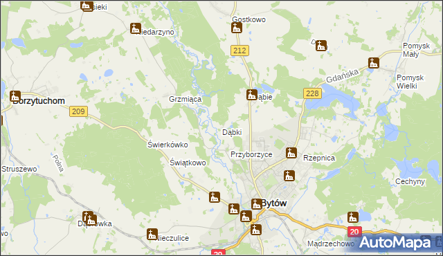 mapa Dąbki gmina Bytów, Dąbki gmina Bytów na mapie Targeo