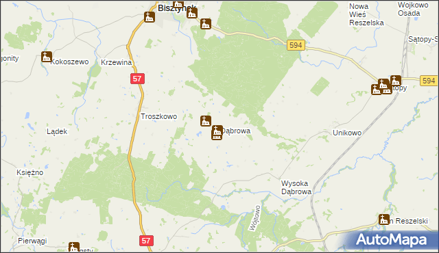 mapa Dąbrowa gmina Bisztynek, Dąbrowa gmina Bisztynek na mapie Targeo